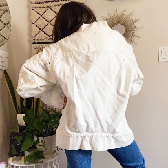 Hudson Cream Distressed Zip Up Bomber Denim Jacket Size XL - Picture 2 of 7